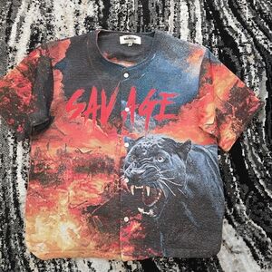 Majestik Savage black & red tapestry shirt with panther print on front and back